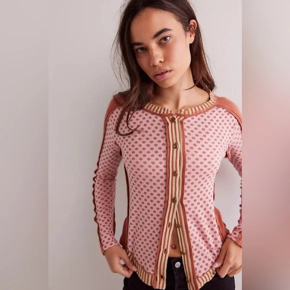 Free People Instant Classic Long Sleeve Patchwork Tee Button Up Boho - Picture 1 of 6